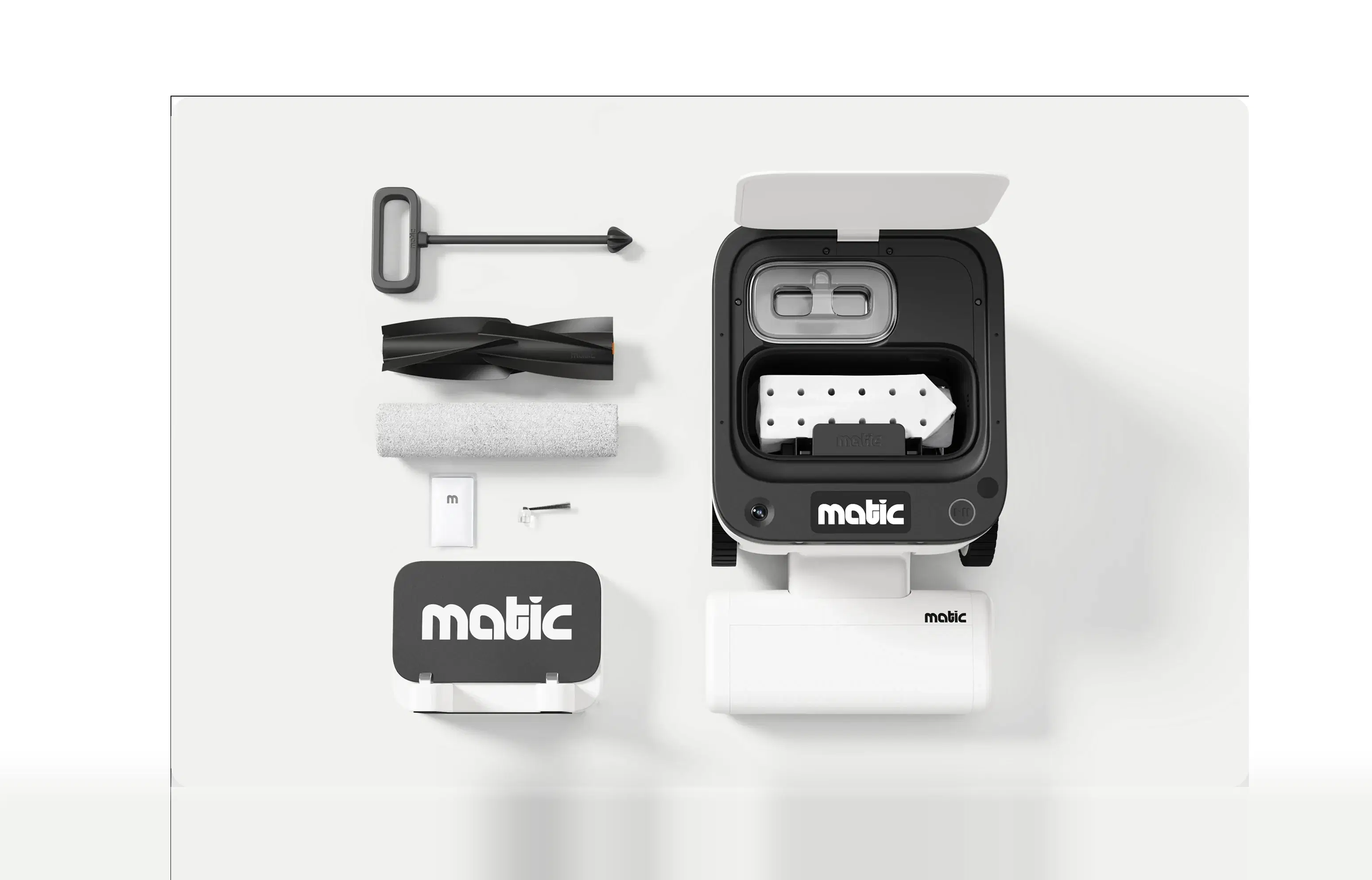Matic and its included accessories arranged in a flat lay