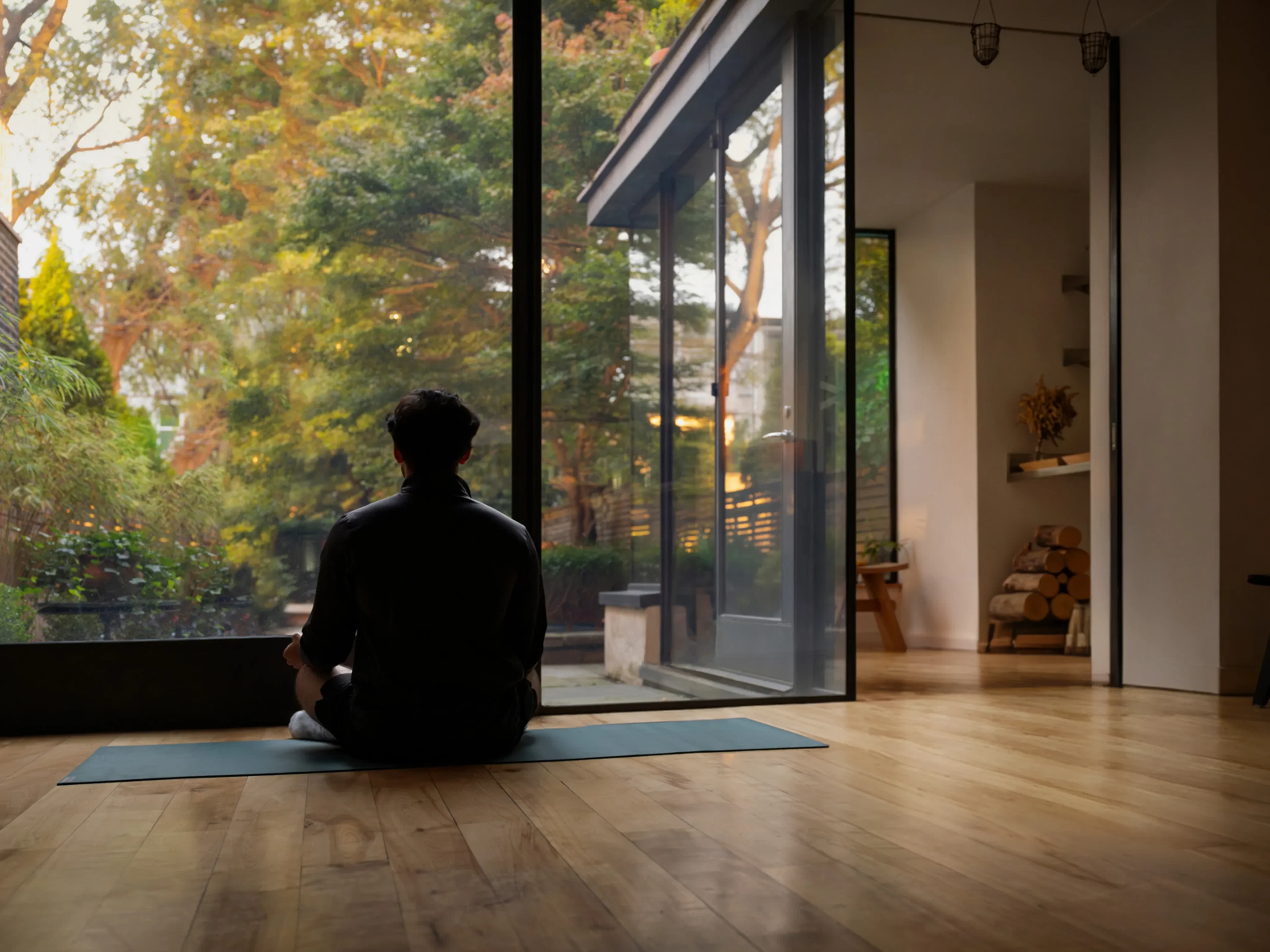 A person meditating by a floor-to-ceiling window while Matic rests nearby