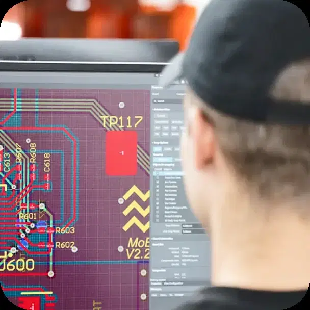 An engineer reviewing a circuit-board layout on screen