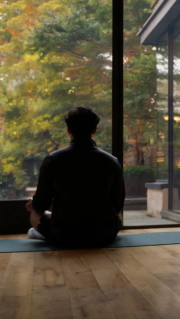 A person meditating by a floor-to-ceiling window at dusk