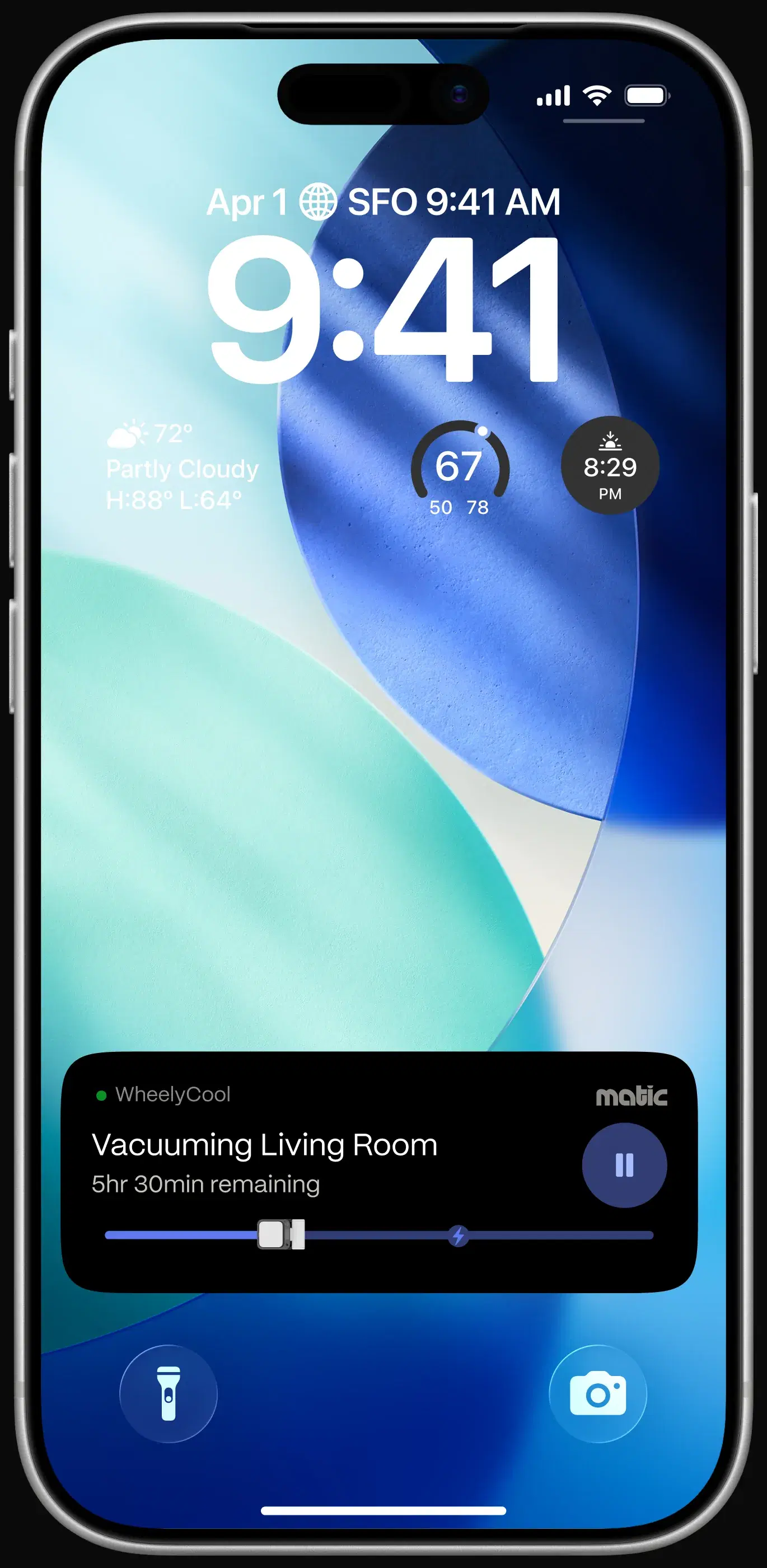 An iPhone Lock Screen showing Matic vacuuming the living room, with 5hr 30min remaining and a pause control