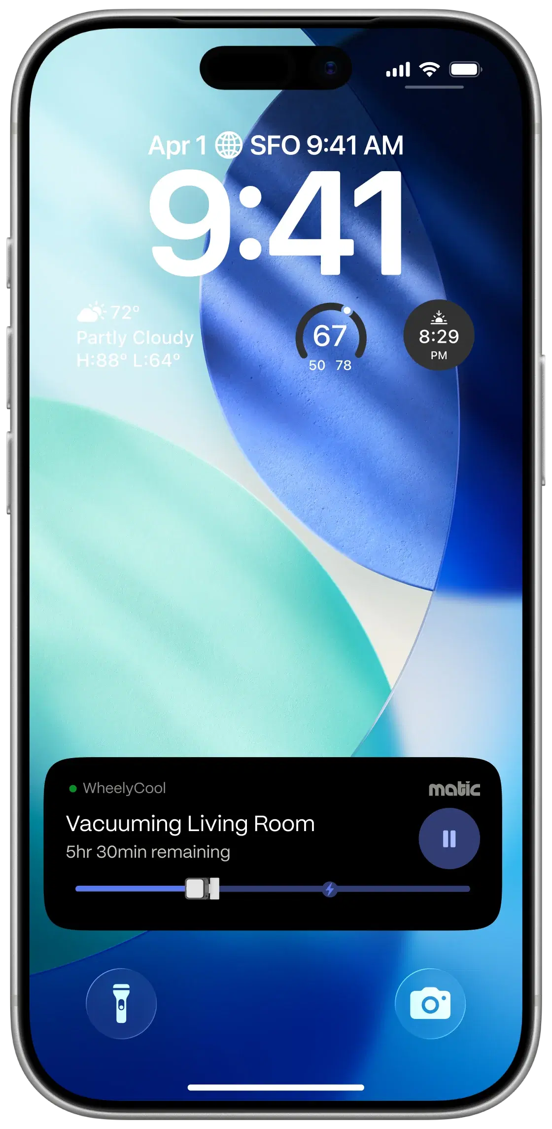 A phone lock screen showing a Matic live activity: vacuuming the living room, 5hr 30min remaining