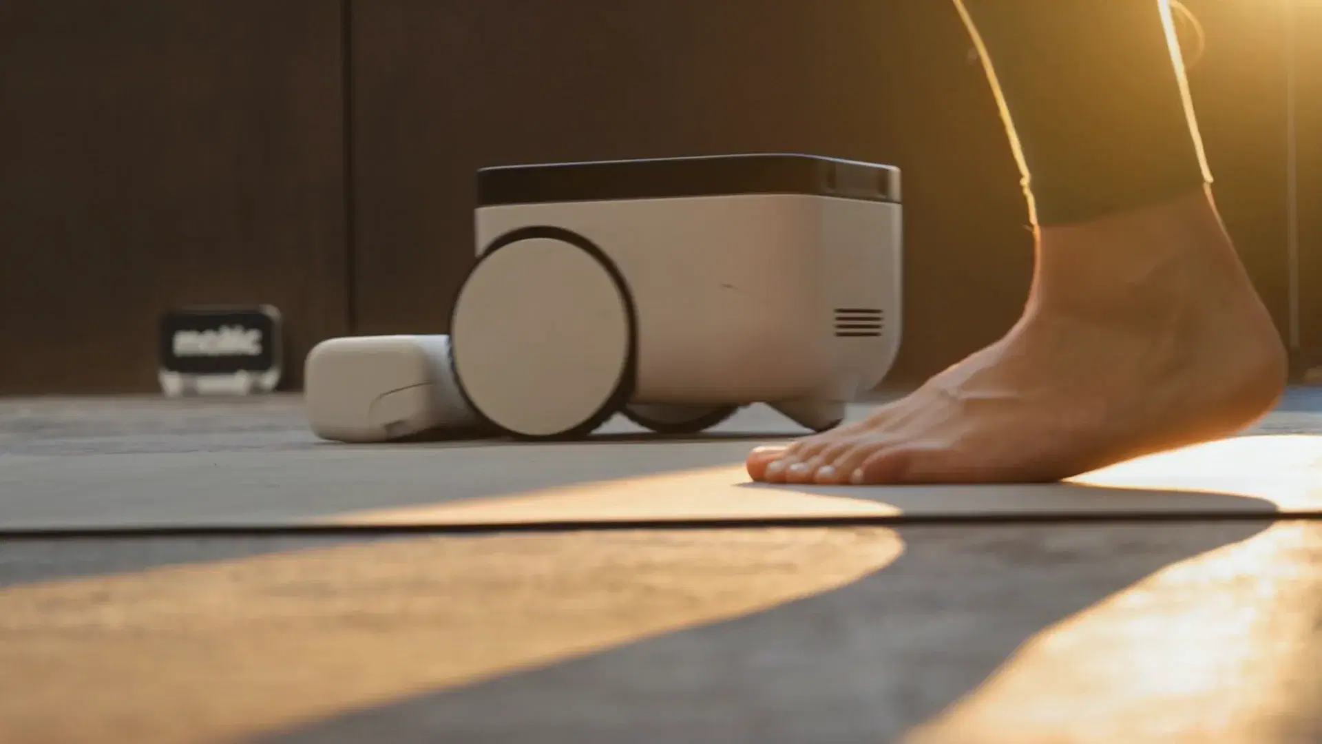 A woman moves through a sunrise yoga practice in a cabin while Matic cleans around her
